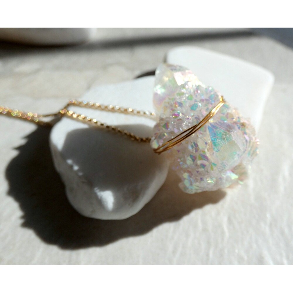 Sparkling Natural Angel Aura Cactus Quartz Pendant and Gold Raw Crystal Magic